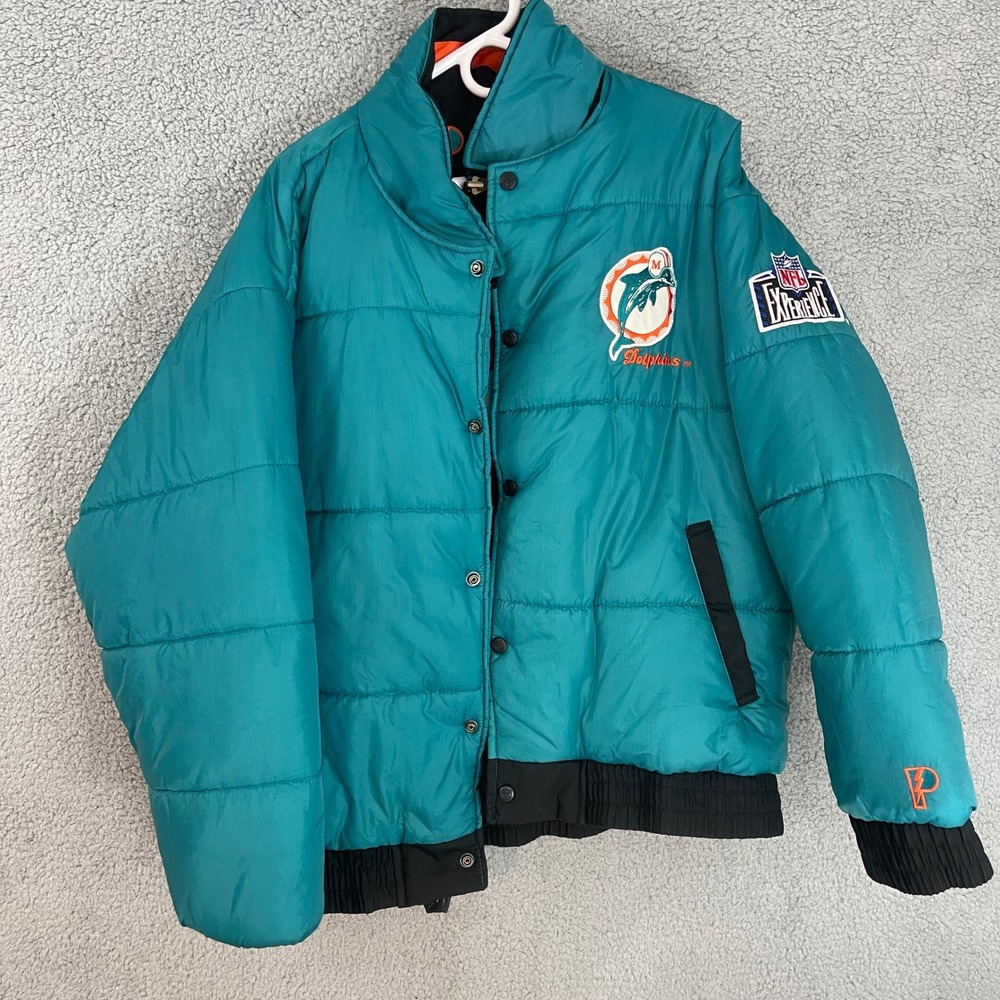 Vtg 1990's Pro Player Mens Large Miami Dolphins NFL Black Teal Reversible Jacket - Picture 11 of 11